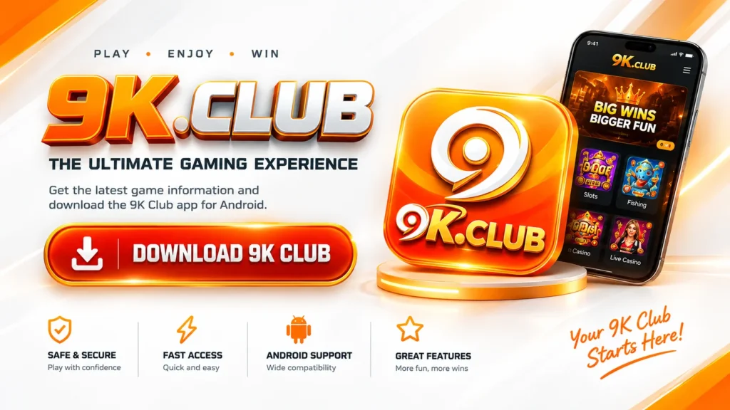 9K Club Android game download banner with orange 3D logo and download button